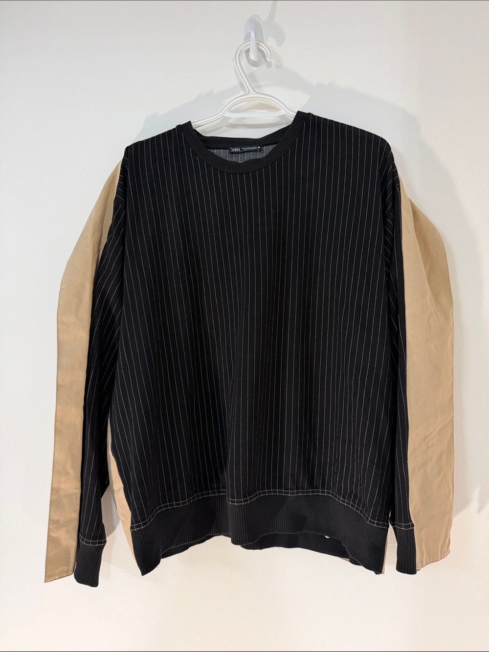 Zara Black Pinstripe Crewneck with Tan Sleeves